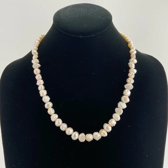 White Keshi Baroque Pearl Necklace with Gold Plated Clasp,19 1/2” Long